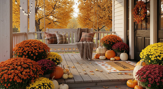 Cozy Autumn Porch Decorated with Pumpkins and Mums for Fall Season