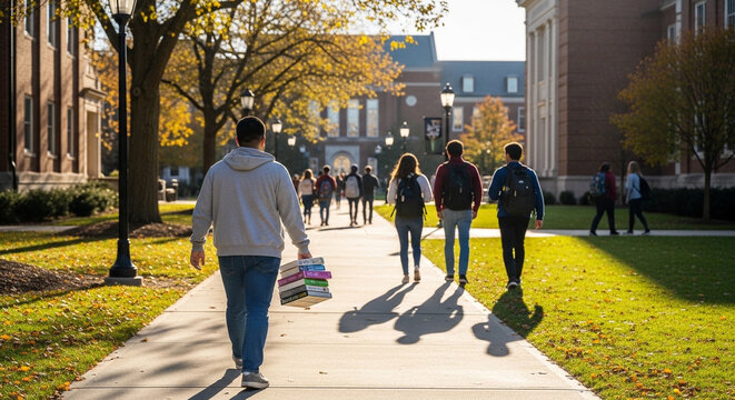 Students Walking on College Campus Pathway During Autumn Afternoon