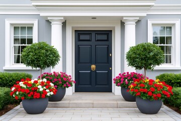 Naklejka premium House entrance with dark blue door and colorful flowers
