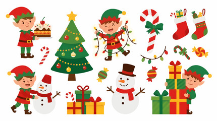 Naklejka premium Cute Flat Design Christmas Elves and Festive Elements, Including Snowman, Tree, Gifts, Candy Canes, and Lights, Vector Illustration