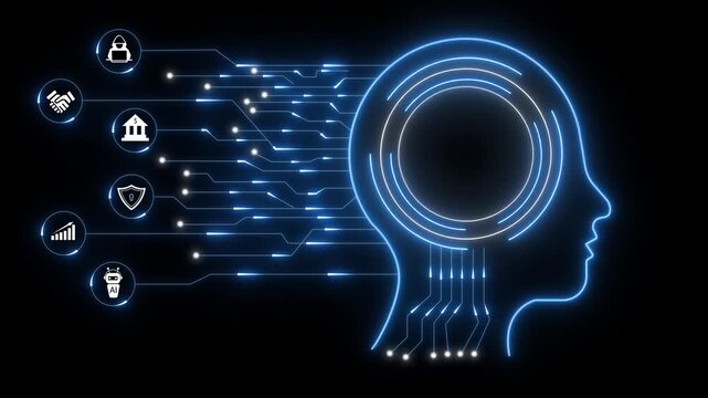 Futuristic digital brain network illustration with glowing circuits connecting to finance icons, symbolizing artificial intelligence, data analytics, and financial innovation.