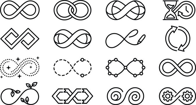 Infinity symbol icon vector set with endless loop signs geometric shapes linear links time cycle and creative variations