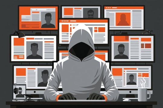 Hooded hacker person using computer in infodemic concept with digital disinformation. Fake news trendy 3D conception. Newspaper, cyberattack, internet troll. Elements for banners, poster, social media