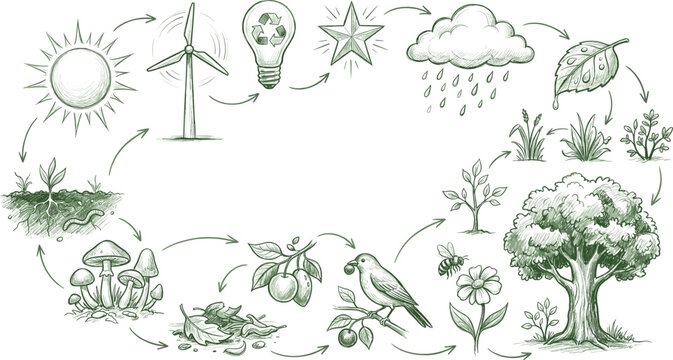 Hand drawn ecosystem cycle collection featuring nature water cycle weather trees and environmental sustainability illustration