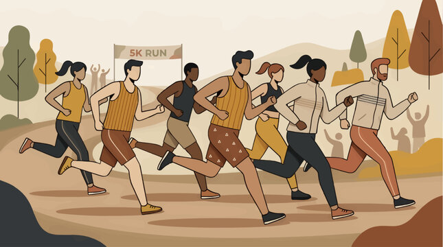 Diverse Group Running a 5K Race in Flat Vector Style, Autumn Outdoor Scene with Trees and Finish Line Banner, Healthy Lifestyle