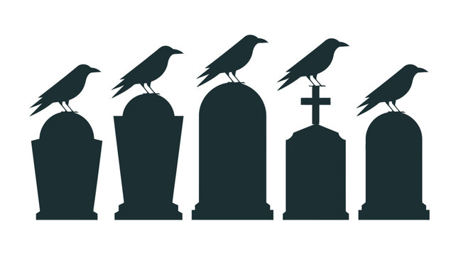 Silhouettes of black crows perched atop various grave markers in a cemetery scene