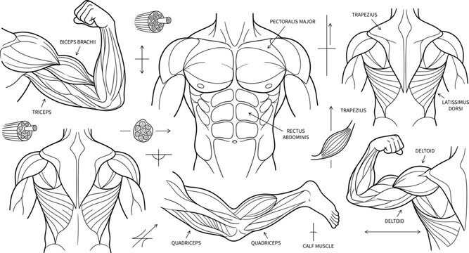 Human muscle anatomy icon set vector outline collection of muscular system biceps triceps chest abs fitness medical diagram.