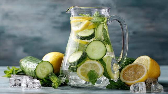 Detox infused water with cucumber, lemon, and fresh mint in a glass pitcher.