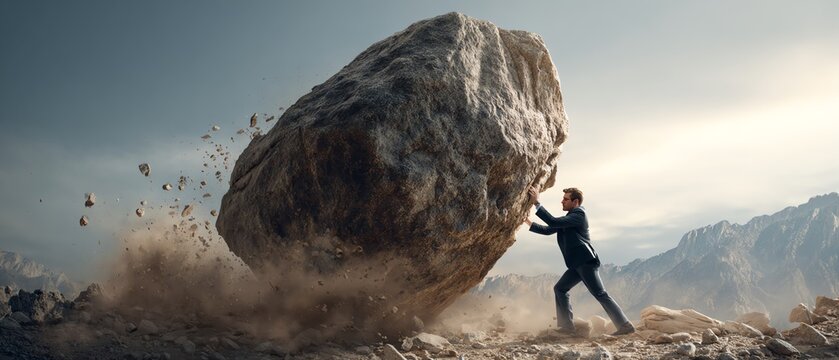 A person struggles against a giant boulder.