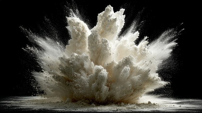Abstract macro shot of a white flour powder explosion against a dark black background.