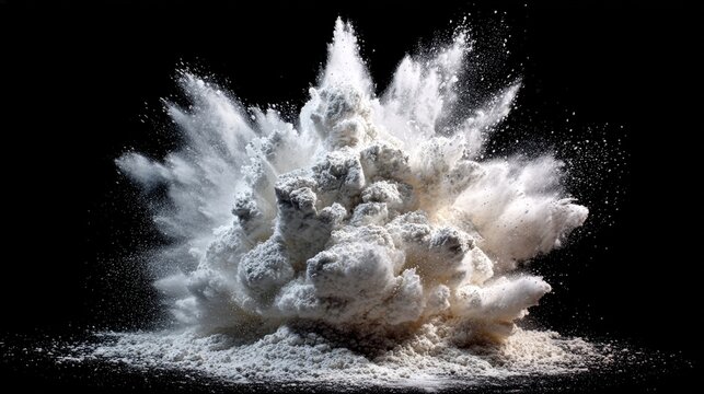 Abstract macro explosion of white flour powder against a dark black background.