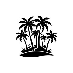 Obraz premium Detailed black silhouette of tropical palm trees on small island with lush foliage isolated on white background perfect for summer travel summer holiday beach vacation design icons and branding.