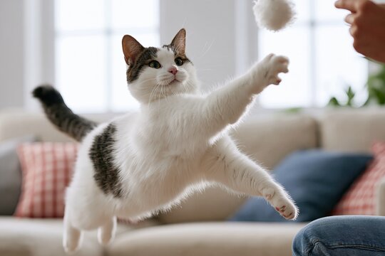 Tabby cat jumping to catch toy held by person in living room pet play activity