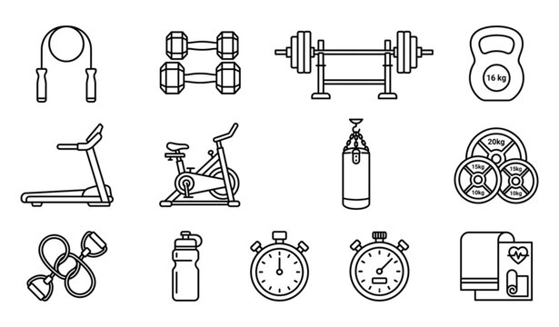 Gym and Fitness Equipment Outline Icon Set