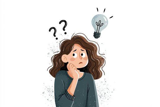 Frustration, doubt, having no idea concept. Young confused woman cartoon character standing and expressing frustration with difficult situation trying to find solution in head vector illustration