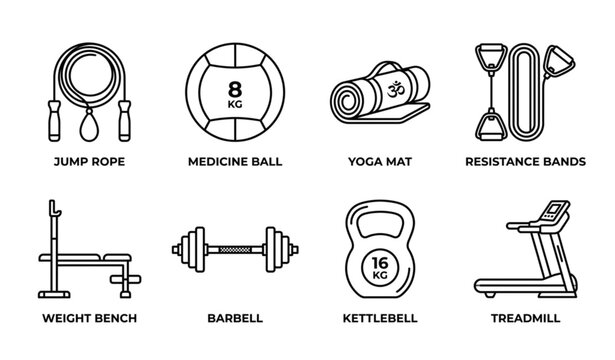 Black and White Fitness Equipment Line Icons