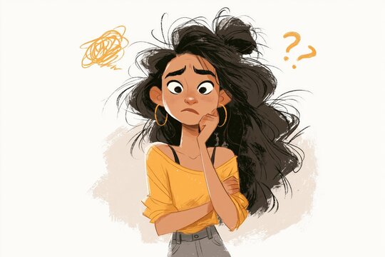 Frustration, doubt, having no idea concept. Young confused woman cartoon character standing and expressing frustration with difficult situation trying to find solution in head vector illustration