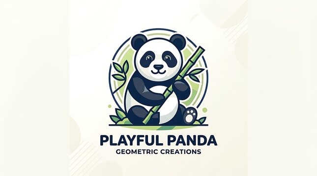 Geometric panda logo, playful cartoon bear icon, black and white illustration, bamboo design element