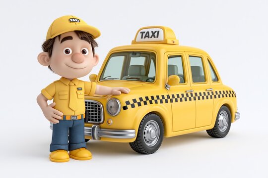 3D Smiling young taxi driver near his car. Taxi service. Illustration in 3D cartoon style. Yellow taxi car with roof sign on white background