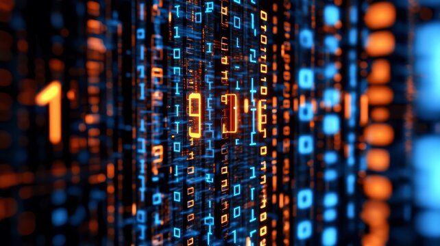 Abstract digital background with glowing binary code data stream flow technology concept
