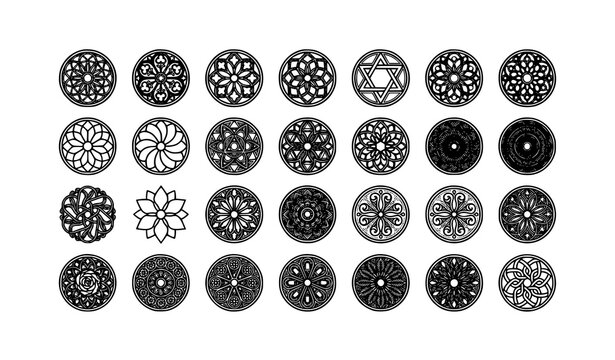 Premium rose window vector pack with 20 black and white ornamental rosette icons