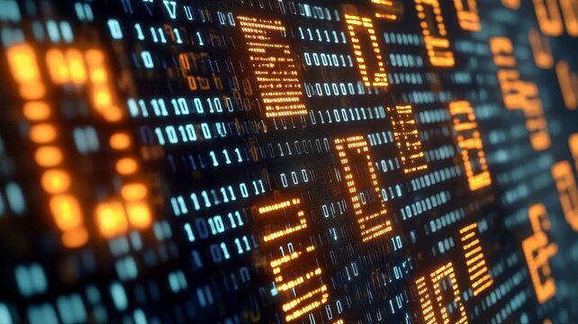 Digital binary code data background with glowing blue and orange numbers for futuristic technology computing visualization concept