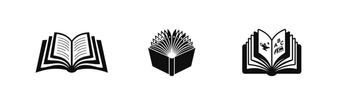 Abstract book silhouettes showcasing fanned pages and storytelling themes for creative writing concepts publishing house logos and digital reading applications for modern literature platforms.