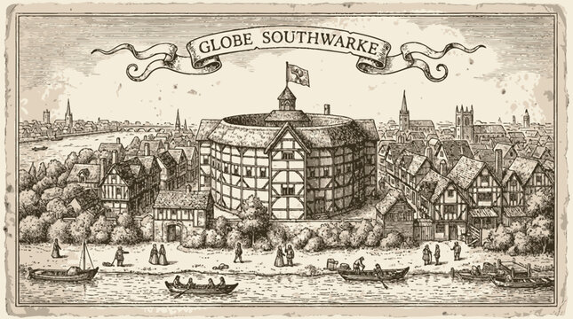 Globe Theatre in Southwark stands as a historic landmark in this detailed seventeenth century architectural engraving.