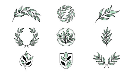Fototapeta premium Collection of various stylized green leaf and branch illustrations, including wreaths and sprigs, suitable for logos or decorative elements.