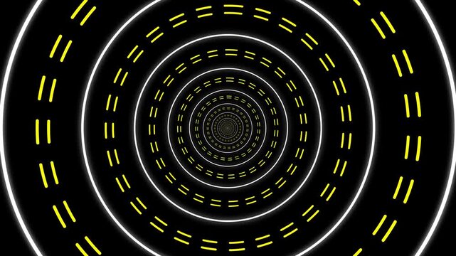 Abstract tunnel of repeating yellow and white lines expanding into a central infinity point on black background