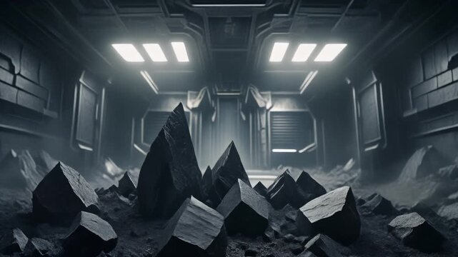 Rare earth magnets extraction in a dark futuristic industrial room