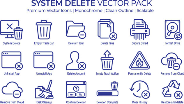 System Delete Vector Pack: A collection of clean, monochrome outline vector icons depicting various system deletion and data management actions.