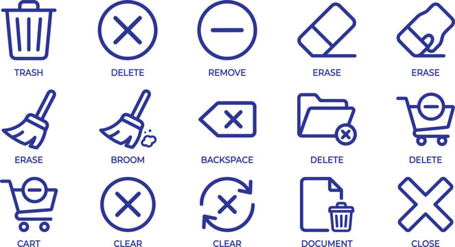 Action Icons Set: A collection of modern graphic icons representing various actions such as delete, remove, erase, and clear, designed for user interface and web applications.