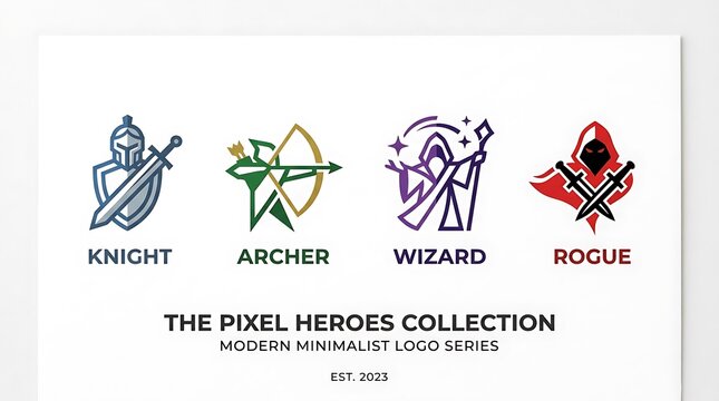 Minimalist logo set, modern pixel art heroes, knight, archer, wizard, rogue