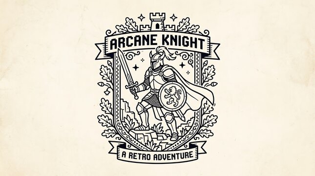 Vintage, Arcane Knight, Fantasy Logo, Retro Game Emblem, Black and White Illustration