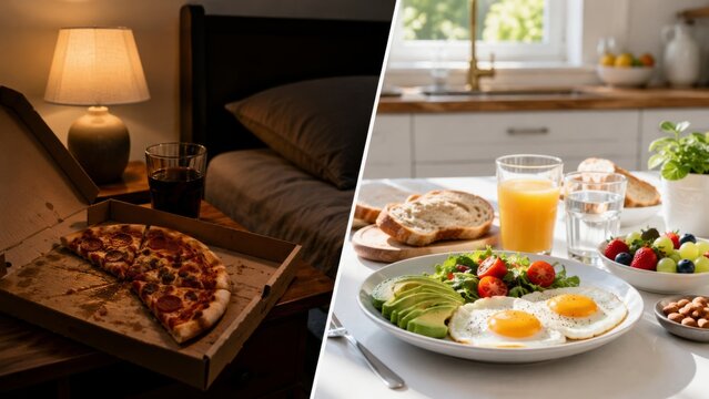 Leftover pizza at bedside and fresh breakfast on kitchen table