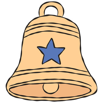 Liberty Bell illustration with blue star. Hand drawn patriotic American freedom bell doodle