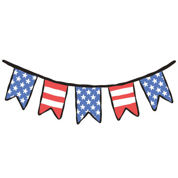 bunting garland illustration. Hand drawn American flag pennant banners