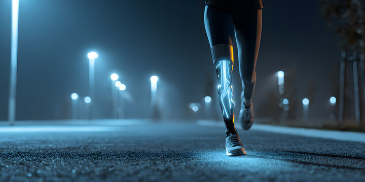 The low-angle shot displays a person jogging on a dark, foggy road at night, illuminated by streetlights and showcasing futuristic bionic leg technology with glowing circuits.