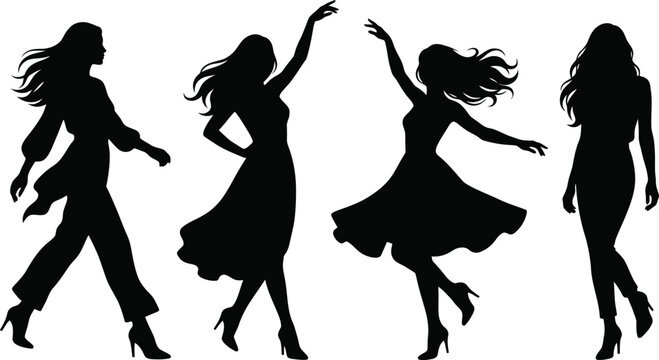 Four elegant female fashion silhouettes dancing and walking vector graphic element isolated on white background