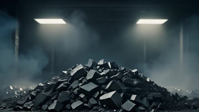 Pile of rare earth magnets in a dark misty industrial warehouse