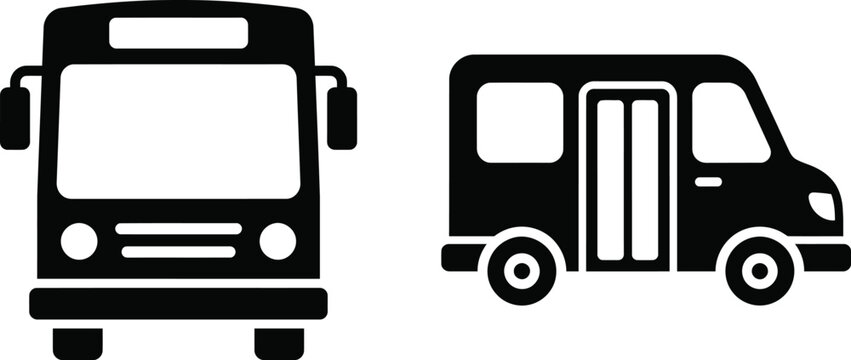 front view city bus and side view minibus silhouette icons isolated on white background vector graphic element