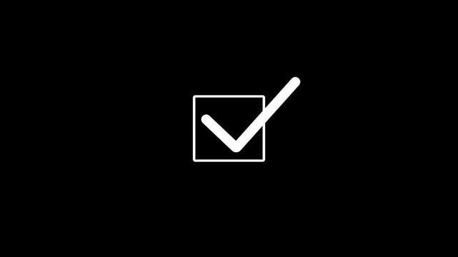 White checkmark in square for approval concepts. A clean white checkmark inside a square icon against a black background ideal for positive affirmation approval concepts and design elements