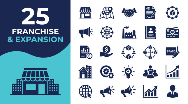 Twenty five blue franchise and business expansion icons displayed in a clean modern vector set