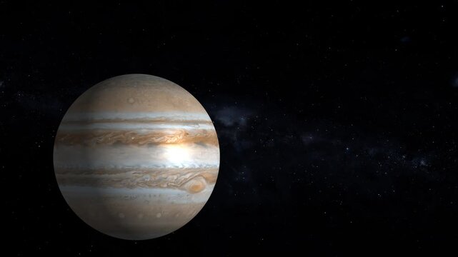 Jupiter in space with detailed gas giant atmosphere. A beautiful render of jupiter in space with stunning details showing the gas giant atmosphere and its celestial surroundings