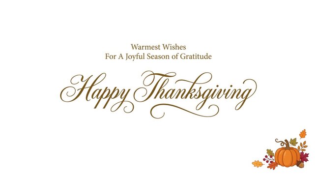 Happy thanksgiving social media graphic featuring elegant handwritten script text over clean white background with decorative autumn harvest pumpkin branch composition at bottom right corner layout.