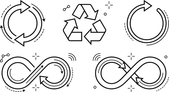 Recycle and infinity loop arrow icon set vector outline collection for eco sustainability circular economy process refresh rotation.