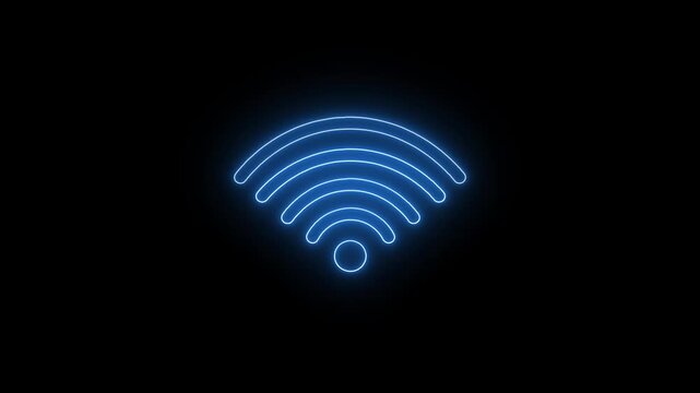 Blue neon Wi-Fi icon pulses gently against a deep dark background. Wireless symbol reflects signal, connection, and data flow.