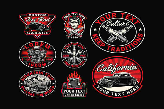 Car, truck, motorcycle emblems, custom garage labels, California stickers, metal signs