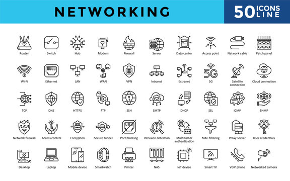 Networking icons set with router, switch, hub, modem, firewall, server, data center, access point, network cable, patch panel icon. Simple line vector 
